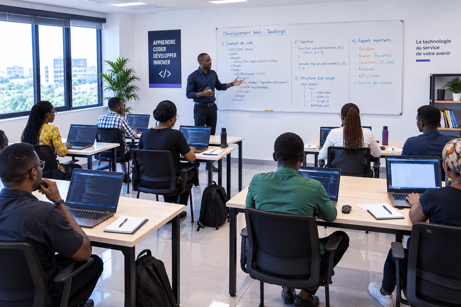 Salle de formation avec un formateur devant un tableau de code