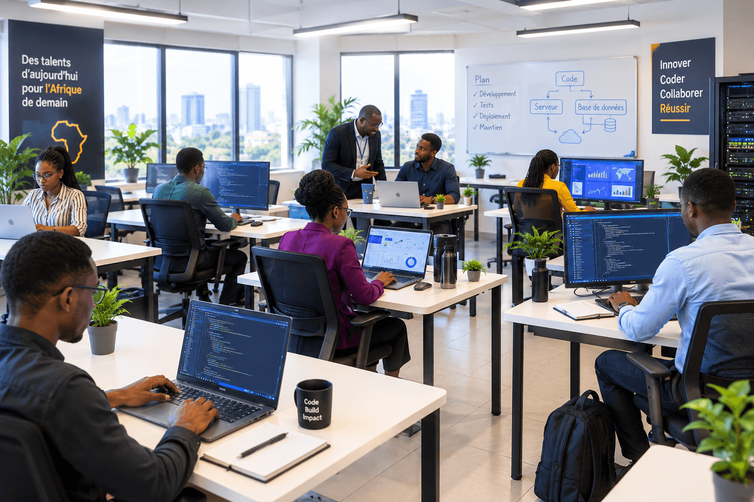 Équipe travaillant sur ordinateurs dans un bureau moderne