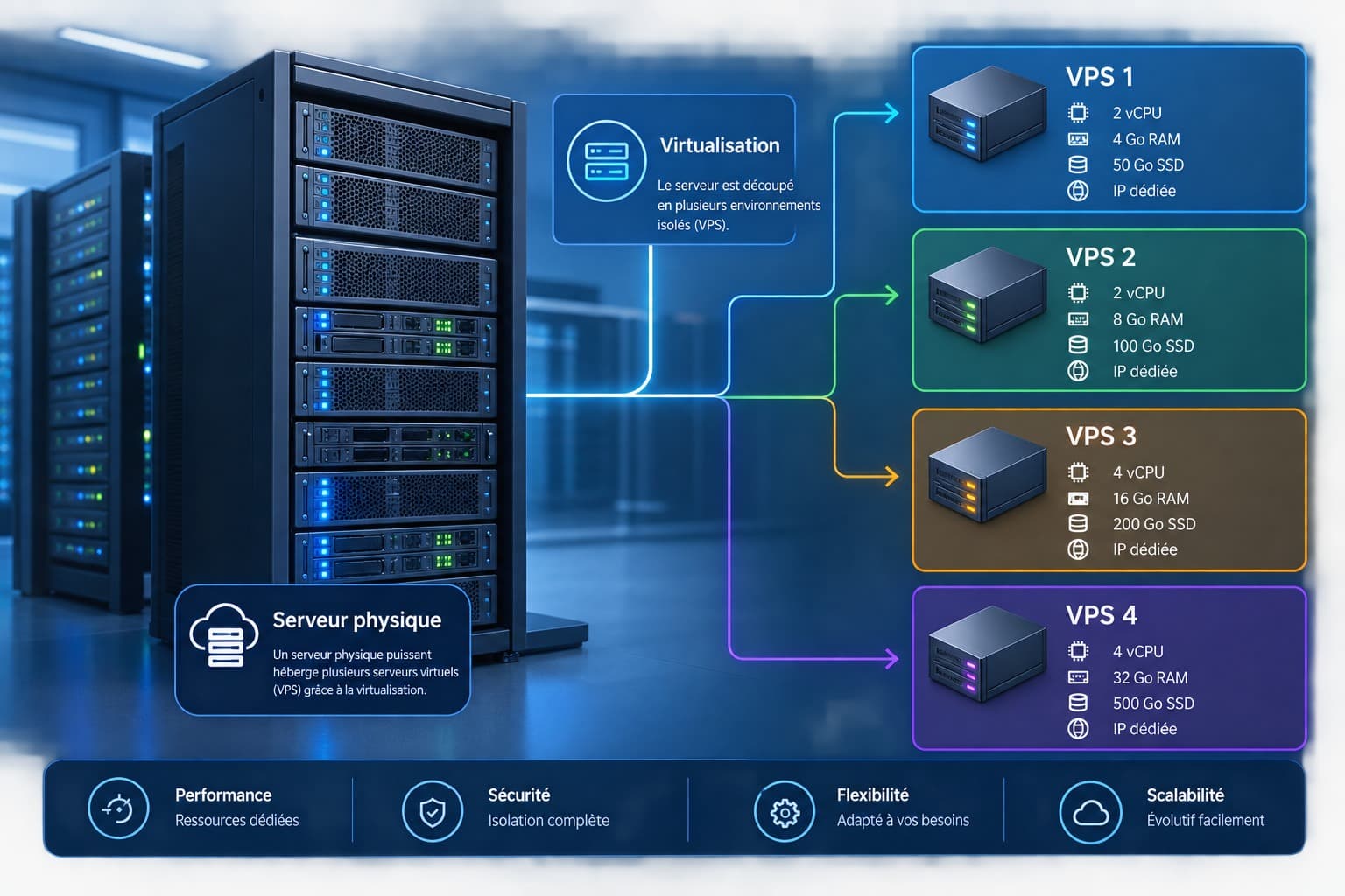 Schéma d'un serveur physique virtualisé en quatre formules VPS, de 2 vCPU / 4 Go RAM / 50 Go SSD à 4 vCPU / 32 Go RAM / 500 Go SSD, chacune avec IP dédiée